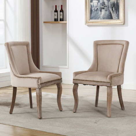 Lot 2 Chaises luxe beige - Pieds bois massif - Assises velours - Pour salon, cuisine, salle à manger - Design élégant (1/5)