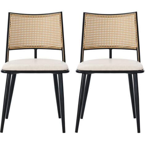 Lot 2 chaises séjour noires - Assises PU - Dossiers rotin - Pour salon, chambre, salle à manger - Design naturel et confortable (1/5)