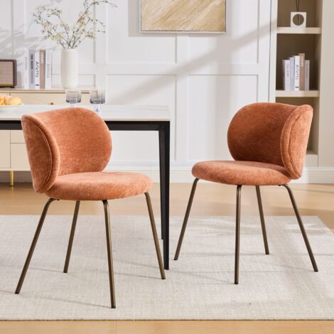 Lot 2 chaises salle à manger Chenille orange - Dossier incurvé confortable - Pieds métal bronze - Pour cuisine, salon, salle à manger - Design moderne et stylé (1/5)