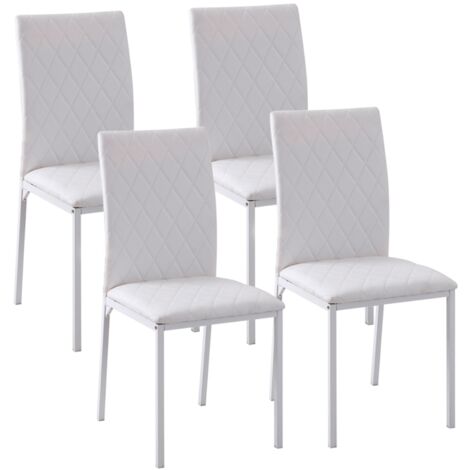 Lot 4 chaises salle à manger blanches - Dossier - Similicuir - Coussin pied - Pieds métal - Pour cuisine, salon - Design classique (1/5)