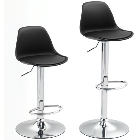 Lot 2 fauteuils noirs similicuir - Assise rembourrée - Structure acier - Repose-pieds réglable - Pivotants 360° - Anti-chocs - Pour cuisine, salon, salle à manger (1/5)