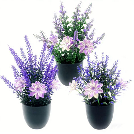 Lot de 3 plantes artificielles de lavande en pot, Petite plante décorative en plastique – Pot noir inclus – Idéal pour bureau, maison, chambre, salon, salle de bains (1/5)