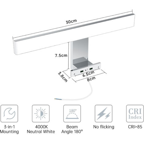Lampe de miroir LED,Applique murale LED pour miroir de salle de bain, 30 cm, 6 W, lumière neutre, 4000 K, ultra-mince, à clipser/sur meuble-miroir/murale (1/5)