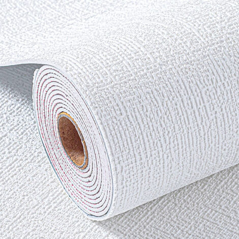Papier peint autocollant texturé 3D effet lin (Blanc pur) — 50 x 500 cm. Idéal pour la décoration murale du salon et de la chambre. (1/5)