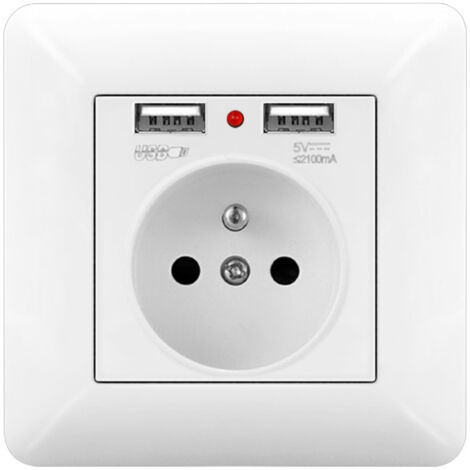 Prise Murale Type 86 Double USB avec Voyant 16A 220-250V 5V 2100mA Blanc Maison & Bureau (1/2)