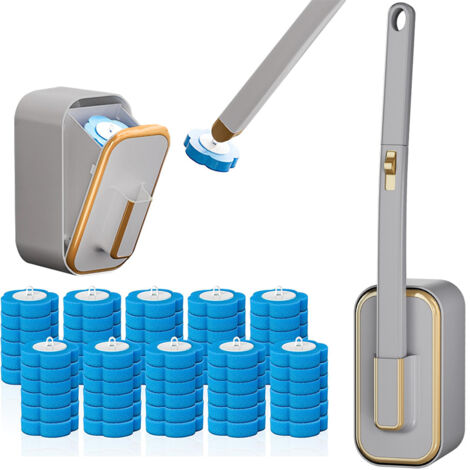 Brosse pour WC — Tige et support de brosse, 66 têtes jetables remplaçables, conception ergonomique, format compact, fixation murale, brosse pour WC de camping-car et nettoyage des recoins (1/5)