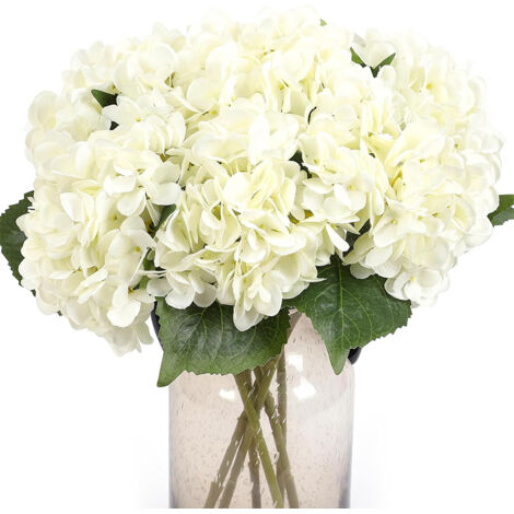 Lot De 5 Hortensias Artificiels Blancs, Bouquets De Fleurs Pour Décoration Maison, Mariage, Fête – Idéal Pour Intérieur