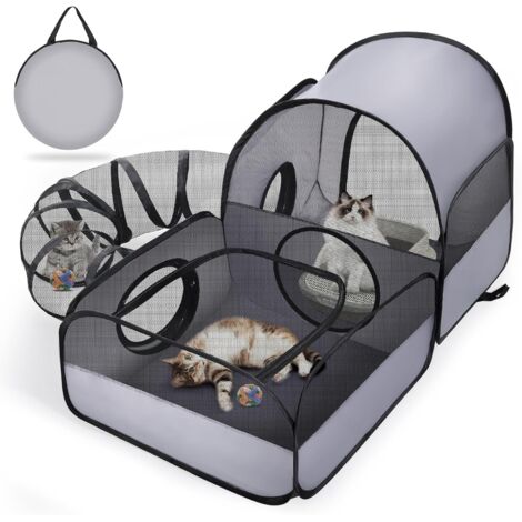 Enclos Portable Pour Chat Avec Tunnel Périphérique, 2 Zones Fermées Reliées – Idéal Comme Tente D‘extérieur Ou Parc Intérieur – Maille Aérée, Adapté Intérieur/extérieur – Couleur Gris