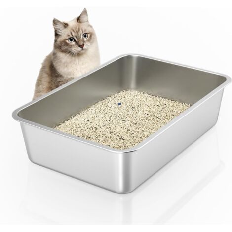 Litière en acier inoxydable, Bac à litière métallique ouvert – Pour chats et lapins de toutes tailles – Revêtement antiadhésif, inodore, facile à nettoyer, 50×35×10cm (1/4)