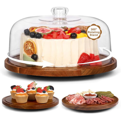 Plateau tournant à gâteaux avec grand couvercle transparent, Support à gâteau en bois – Présentoir décoratif – Idéal pour mariage et fête – Plateau rotatif rond (1/5)