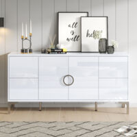 1503859,5 cm. Meuble de salon avec 4 tiroirs et 2 portes. Meuble de cuisine. Meuble en acier poli. Un meuble à tiroirs sans pieds métalliques. Tiroirs larges, sans poignées. Couleur blanche, en MDF.