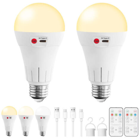 2-Pack Rechargeable LED Light Bulbs with Remote Control, E26/E27 Base, Wireless Battery Powered Emergency Light Bulbs (1/5)
