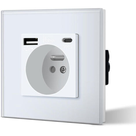 Prise murale française standard avec ports USB TypeC, boîtier PC blanc, 16A, pour recharge et alimentation
