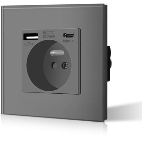 Prise murale française standard avec ports USB TypeC, boîtier PC gris, 16A, pour recharge et alimentation (1/5)