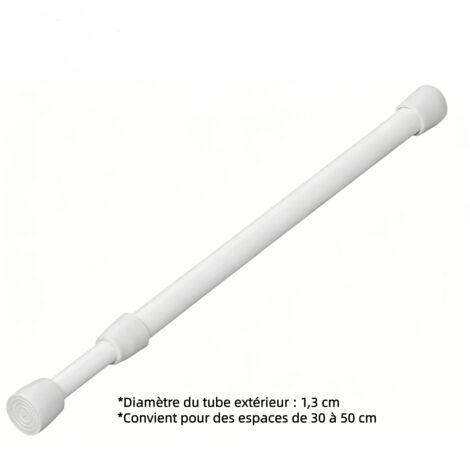 Barre télescopique à ressort multifonction blanche, extensible de 30 à 50 cm, pour armoires, étagères, rideaux de douche et projets DIY, sans perçage (1/5)