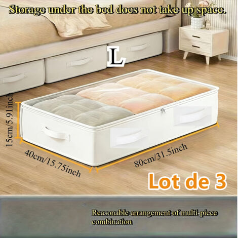 Coffre de rangement sous le lit 3 pièces,organiseur de vêtements pliable,poignées renforcées,fenêtre transparente zippée