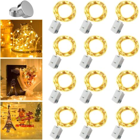 Lot de 12 guirlandes lumineuses LED 3m blanc chaud, fil de cuivre, boîte blanche à piles, éclairage d'ambiance pour Noël, bouquets et cadeaux, lumière étoilée, étanche (1/5)