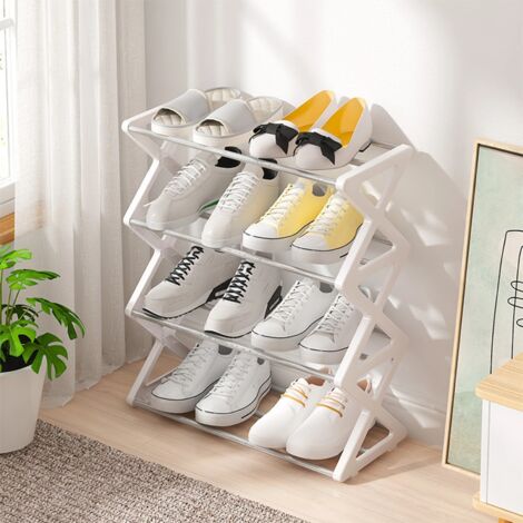 Étagère à chaussures à 4 niveaux en X, peu encombrante et à plusieurs niveaux, couleur unie, facile à monter soi-même, idéale pour une véranda ou un salon. (1/3)