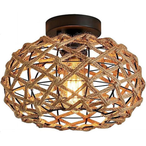 Plafonnier vintage rotin et métal, Suspension bohème avec abat-jour en osier tressé – Douille E27 – Style industriel rustique pour salon, chambre, couloir – Luminaire de plafond décoratif – Sans ampou (1/5)