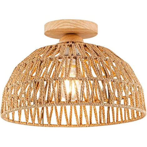 Plafonnier vintage style bohème, Luminaire de plafond en rotin/métal – Douille E27 – Idéal pour chambre, salon, couloir, décoration café – Ampoule non incluse (1/5)