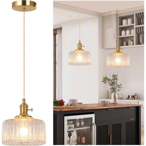 Suspension vintage avec verre strié, Lampe suspendue rétro – Douille E27, Hauteur de câble réglable – Idéale pour chambre, couloir, entrée, chevet – Ampoule non incluse