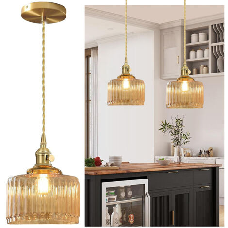 Suspension vintage avec verre strié, Lampe suspendue rétro – Douille E27, Hauteur de câble réglable – Idéale pour chambre, couloir, entrée, chevet – Ampoule non incluse