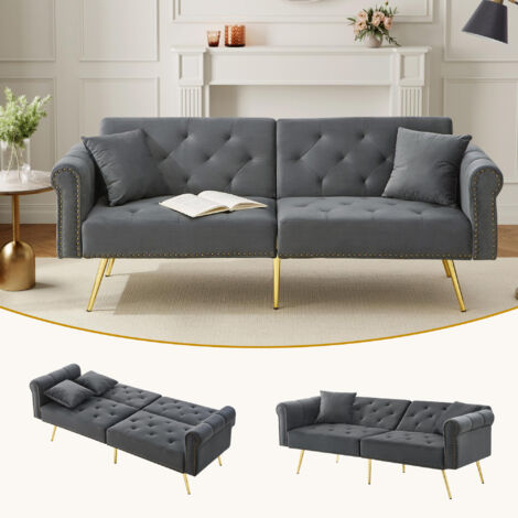 Canapé 2 places en cuir avec assise réglable, pieds dorés, fonction couchage, gain de place (1/5)