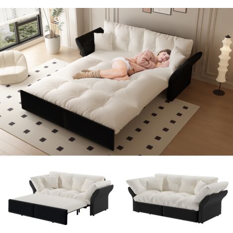 Canapé de grandeur Queen-Size de 190 cm. Canapé convertible 3-en-1, avec motifs décoratifs et 2 coussins moelleux. Lit multifonctionnel en velours. Couleur beige/blanc. (1/5)