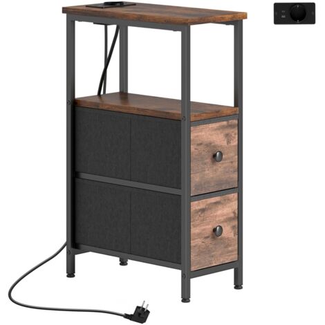 Table de chevet avec prise pour le chargement des appareils électriques. Cadre en acier. Deux tiroirs en tissu. Espace ouvert dans le meuble : 20 cm x 40 cm x 63 cm. Style rustique, couleur marron. (1/5)