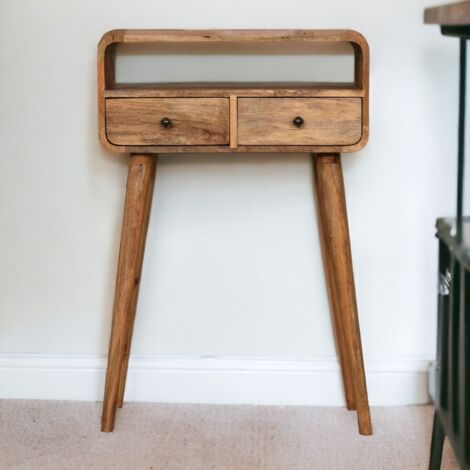 Tablette en bois massif, de forme incurvée, ressemblant à du chêne. Elle dispose de 2 tiroirs et d’une fente ouverte pour ranger des objets. Couleur : marron. (1/5)
