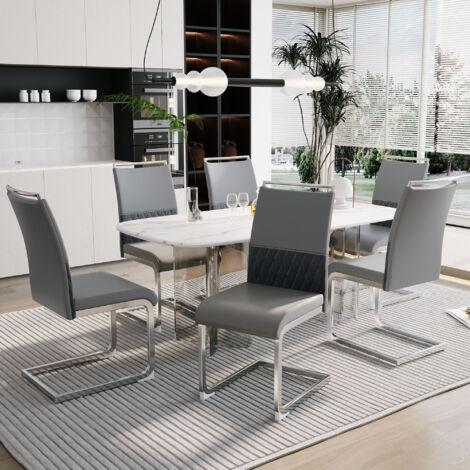 Chaises de salle à manger modernes, set de 6 pièces. Dossier en cuir synthétique et lin. Assise haute, avec coussin intérieur. Design de dossier côté, parfait pour les salles à manger, les cuisines, l (1/5)