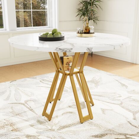 Table ronde (100 x 100 x 76 cm) : table légère et luxueuse, conçue pour 4 à 6 personnes. Parfaite pour les salons et les salles de séjour. Pieds en or, surface de la table en marbre fabriqué en MDF. (1/5)