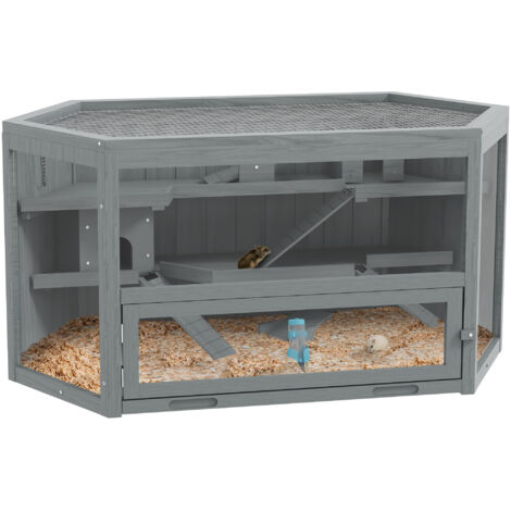 3 Etagen Nagerkäfig, 6-eckig Kleintierkäfig, Kleintierhaus aus Holz, Mäusekäfig, Hamsterkäfig mit klappbarem Deckel, Sichtfenster, Rampe, 115 x 60 x 55 cm Grau (1/5)