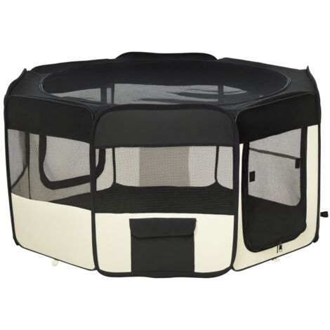 Welpenauslauf, Faltbar Welpenlaufstall mit Netzabdeckung, Laufstall für Hunde, Katzen, Kleintiere, Hundelaufstall aus atmungsaktives Netz, für Wohnung, Ø120 x 58H cm Schwarz+Cremeweiß (1/5)