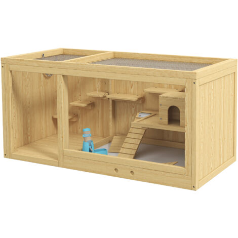 Hamsterkäfig Holz Kleintierstall, Spielhaus für Gerbils, mit Schaukeln, Leitern, zu öffnendem Dach, Hütte, 100cm, Natur (1/5)