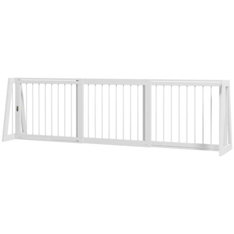 Barreaux de sécurité pour chiens. Conçus pour résister aux glissades. Positionnés debout, ils peuvent être démontés. Structure en bois. Dimensions : 71-190 x 38,5 x 56 cm. Couleur : blanc. (1/5)