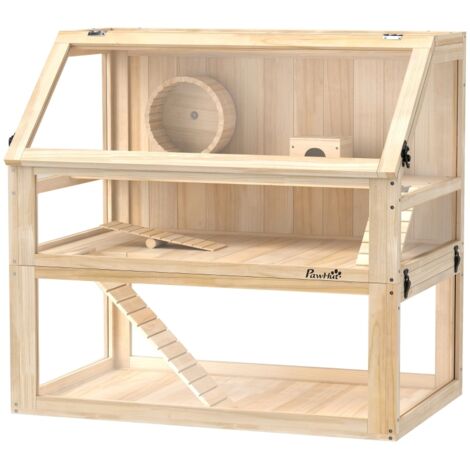 Cage pour hamsters en bois, avec 3 étages. La cage possède un couvercle qui peut se replier. Les dimensions de la cage sont : 80 x 50 x 76 cm. Matériau naturel utilisé pour la fabrication de la cage.