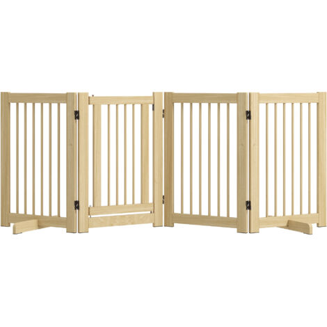 Absperrgitter Hund 4-teilig 204 x 75 cm faltbar mit Tür, freistehend Hundegitter aus Holz mit 2 Stützfüßen für Flur Küche Treppe Natur (1/5)