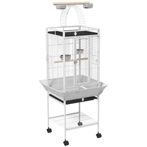 Cage pour oiseaux, cage pour perroquets avec 3 portes, 2 poteaux de sécurité, roulettes en tous sens, bol à nourriture, étaggere, position assise libre. dimensions : 62,5 x 62,5 x 156 cm. Couleur blan (1/5)