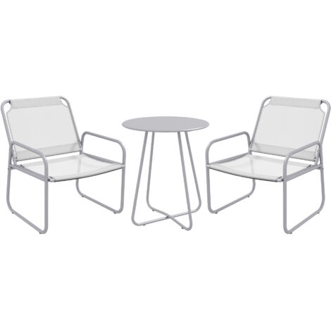 Conjoint de meubles pour balcon en trois pièces : 1 table et 2 chaises. Groupe de sièges en tissu, de couleur gris clair, parfait pour le jardin ou la terrasse. (1/5)