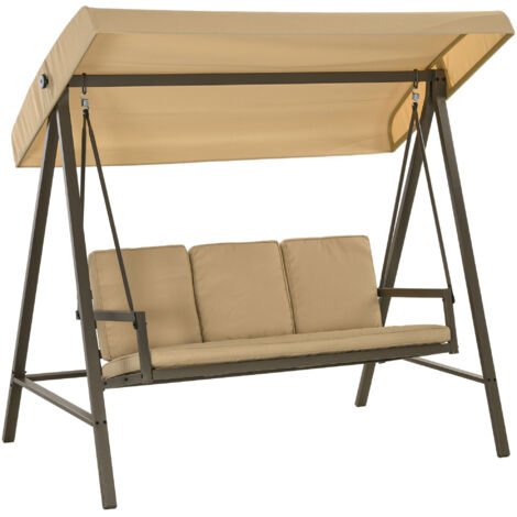Chaise longue hollywoodienne beige 3 places, toit réglable, coussins, charge 360 kg, idéale pour jardin et terrasse (1/5)