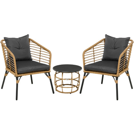 Jardinets en rotin – Set de 3 pièces. Chaise-lit, avec un petit meuble de salon et 2 chaises. Set de mobilier pour le balcon, en couleurs beige clair/beige foncé. (1/5)