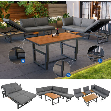 Salon jardin gris 3 pièces, 2 canapés + table, fer peint, dossier et table réglables, coussins inclus (1/5)