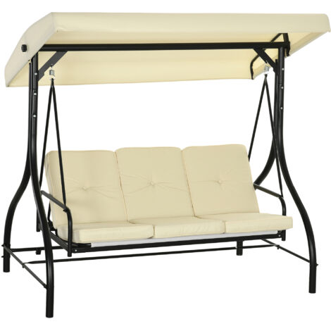 Hamac 2 en 1 style hollywoodien beige 3 places, toit anti-soleil réglable, charge 240 kg, dimensions 195x117x175 cm, pour jardin et terrasse (1/5)