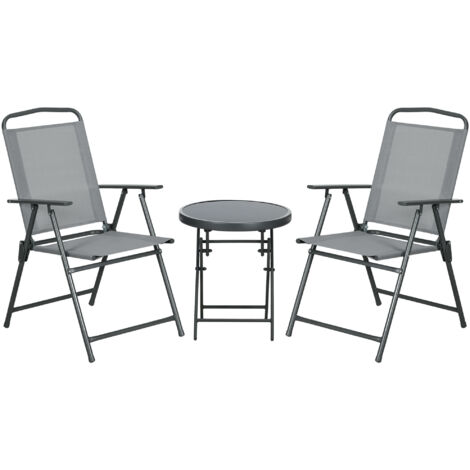 Ensemble bistrot de jardin pliable, 1 table + 2 chaises, acier et mesh, 53,5x64x93 cm, gris clair (1/5)