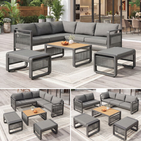 Salon jardin 6-7 places, chaises fil tissé main, fer résistant, coussins, pieds réglables, gris (1/5)