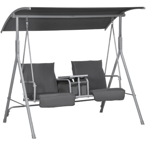 Chaise longue Hollywoodschaukel pour 2 personnes, avec auvent. Possède également un sac de rangement et une table de repos. Capacité jusqu’à 180 kg. Idéale pour le jardin ou la terrasse. Couleur : noi (1/5)