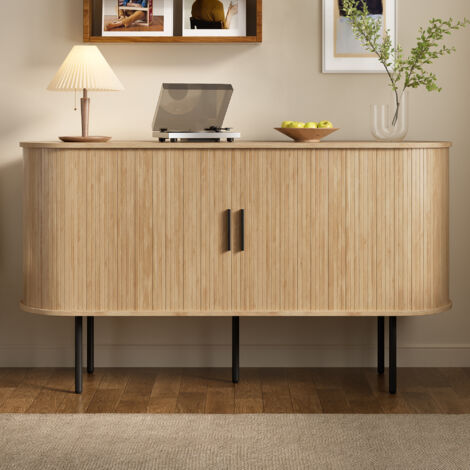 Meuble moderne en MDF, avec des portes à rideaux, des poignées en aluminium et des pieds en métal. Un meuble polyvalent pour ranger les objets dans le salon ou la salle à manger. (1/5)