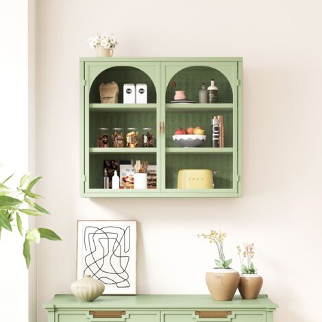 Portes en verre de 70 cm. Meuble mural moderne à deux portes, doté d’un espace de stockage en trois niveaux, idéal pour l’entrée, le salon, la salle de bains ou la cuisine. Le meuble présente un motif (1/5)