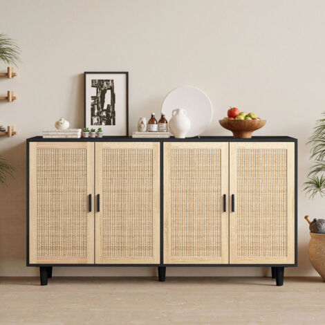 158 cm – Élégant et fonctionnel. Meuble de rangement en rotin avec 4 portes, parfait pour la chambre à coucher, le salon ou le bureau. Couleur noire. (1/5)